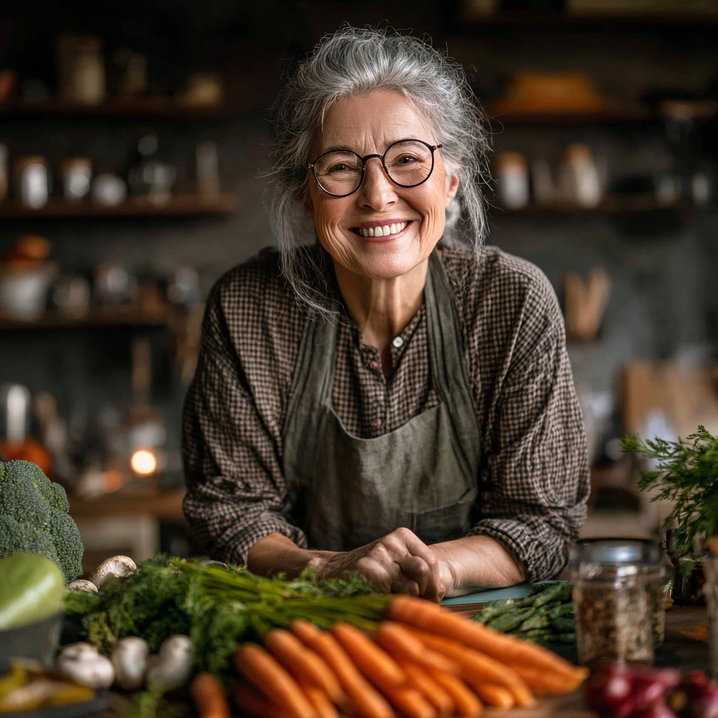 Жінка віком 55 років усміхається під час приготування здорової їжі на кухні