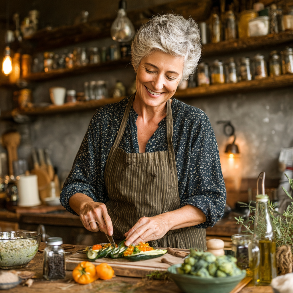 Жінка віком 52 років із задоволенням готує страву за персональним рецептом