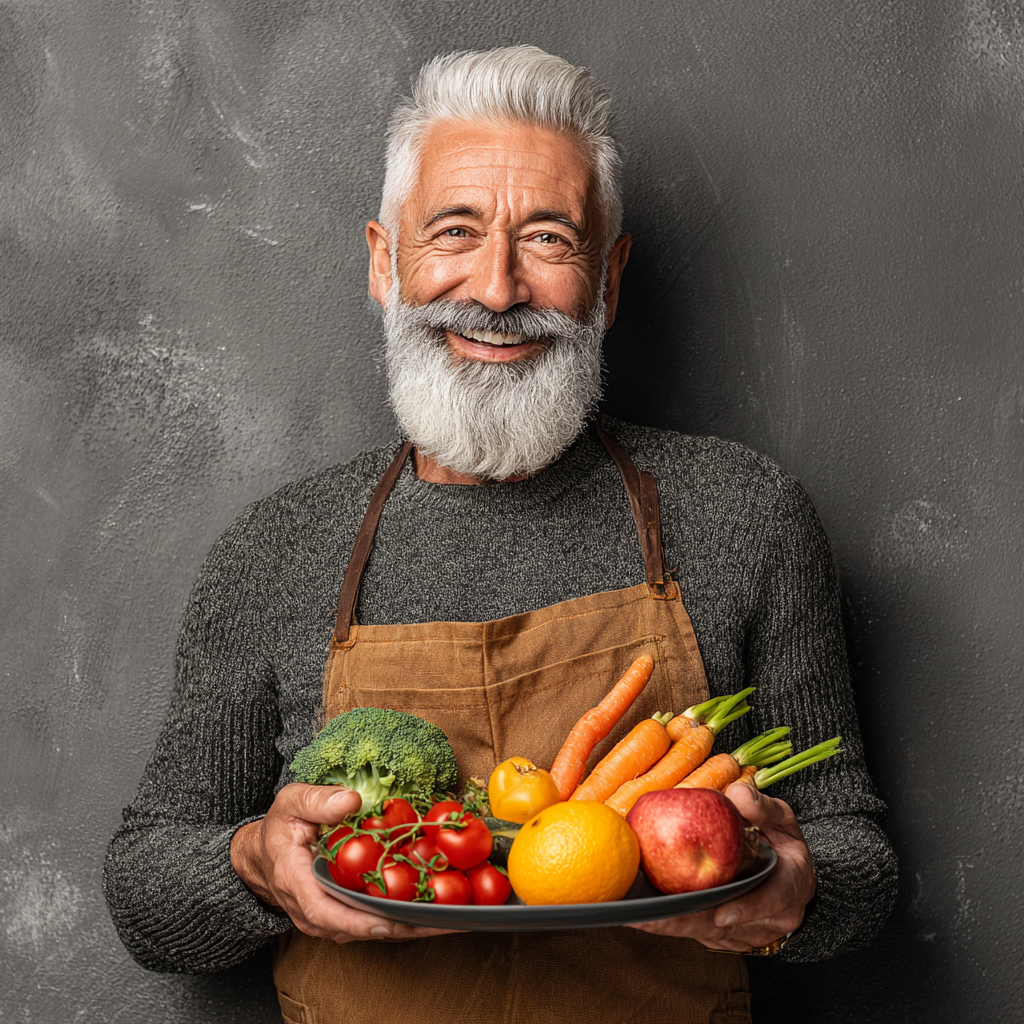 Чоловік віком 58 років із усмішкою тримає тарілку зі свіжими овочами та фруктами